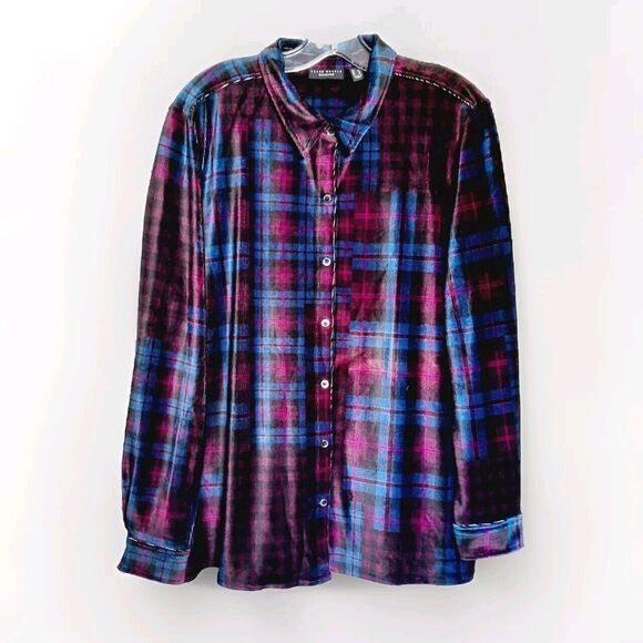 Susan Graver Weekend Plaid Knit Soft Corduroy Button Up Shirt Plum/Ink Size L - Picture 1 of 3